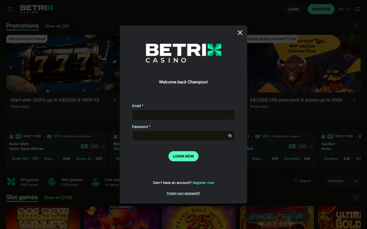 Betrix Casino — Sign-up, captured from Australia