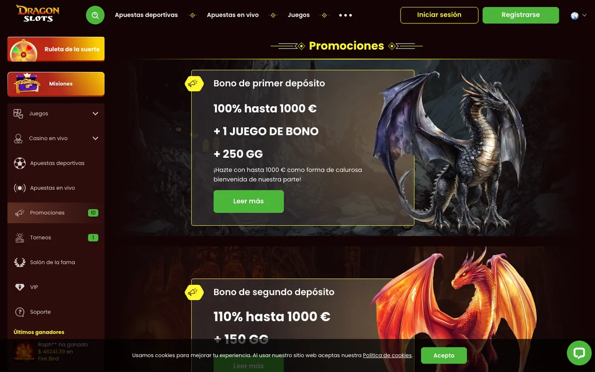 Dragonslots Casino — «Акции», снято из страны Колумбия