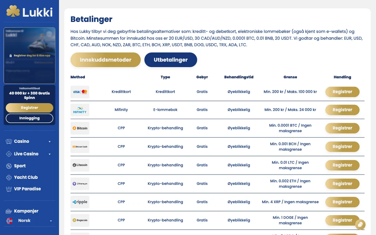 Lukki Casino — Payments, captured from Norway