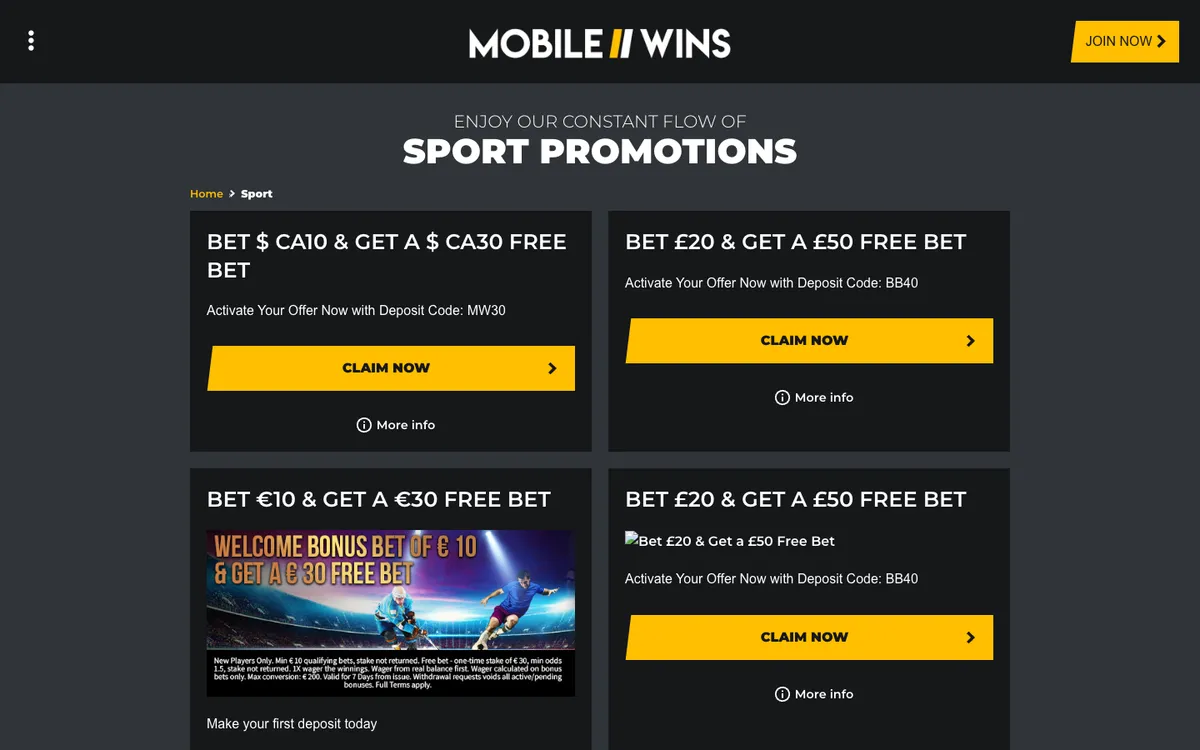 Mobile Wins Casino — Promotions, captured from Austria