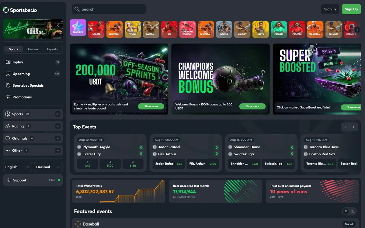 Sportsbet.io Casino — Home page, captured from Belgium
