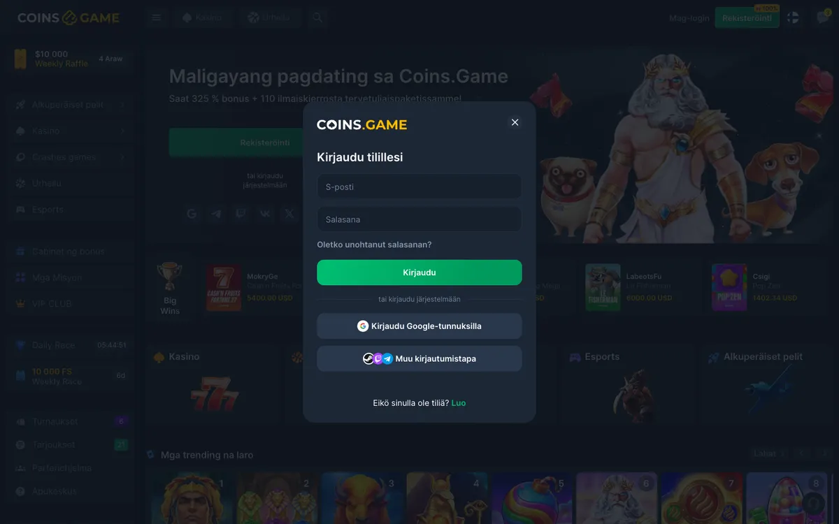 Coins Game Casino — Sign-up, captured from Finland