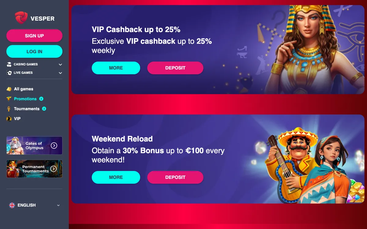 Vesper Casino — Promotions, captured from Brazil