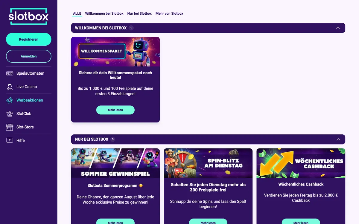 Slotbox Casino — Promotions, captured from Austria
