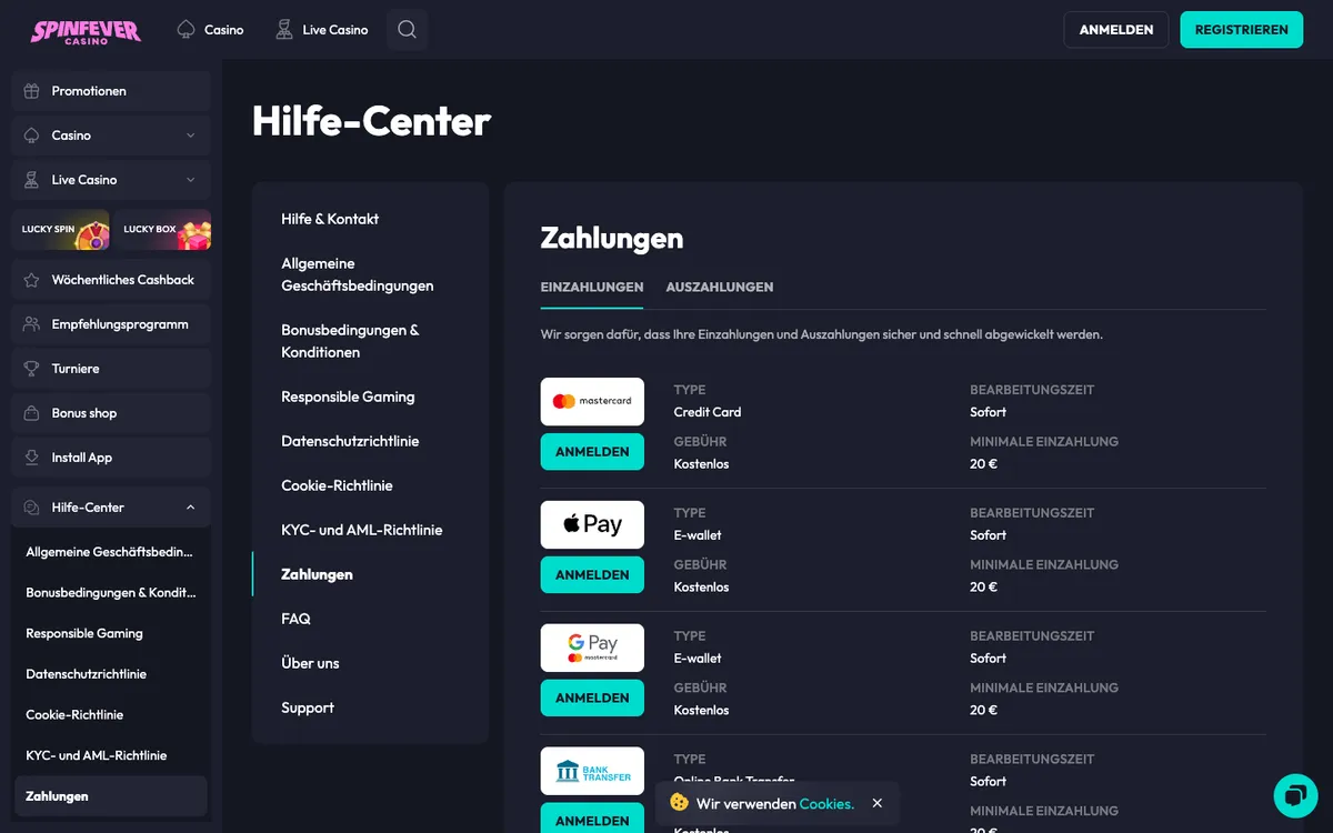SpinFever Casino — «Платежи», снято из страны Австрия