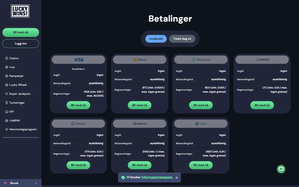 LuckyWins Casino — Payments, captured from Norway