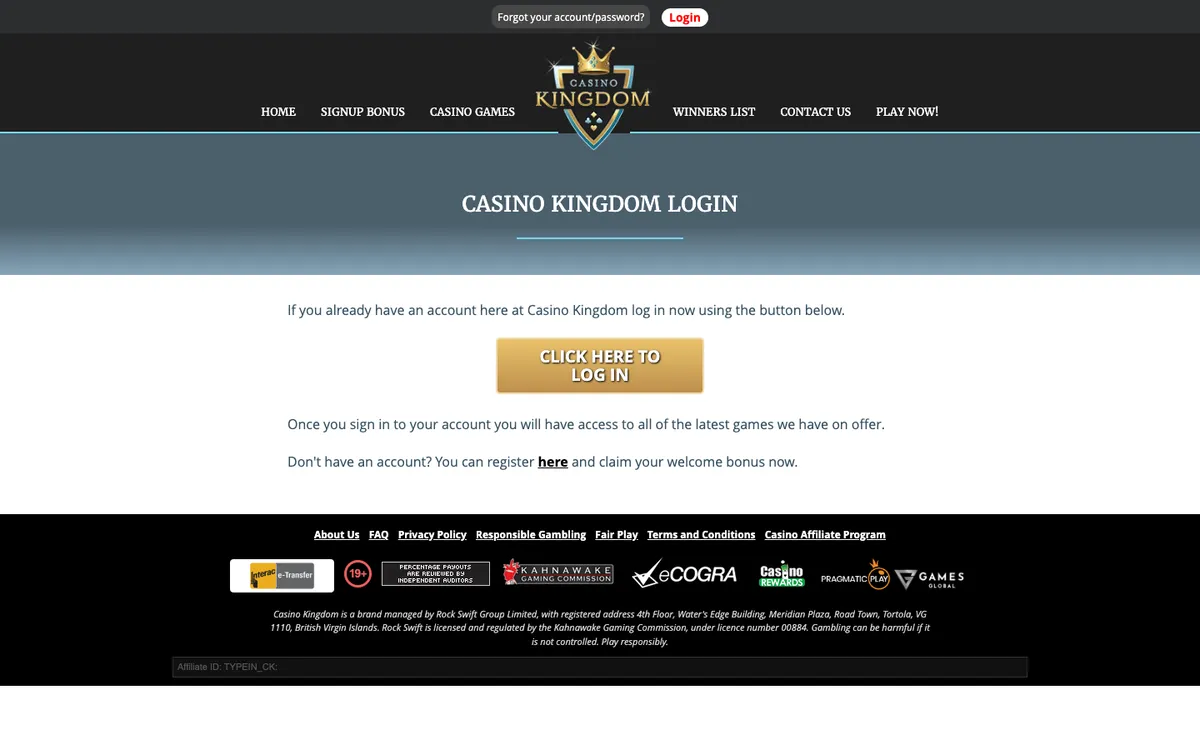 Casino Kingdom — «Регистрация», снято из страны Латвия