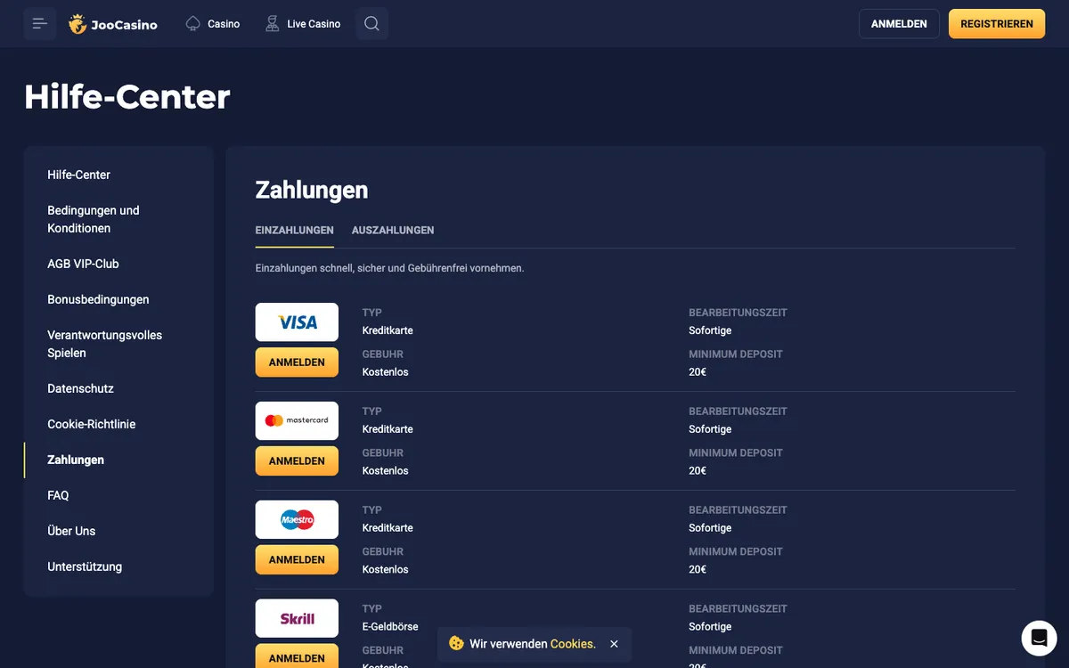 Joo Casino — Payments, captured from Austria