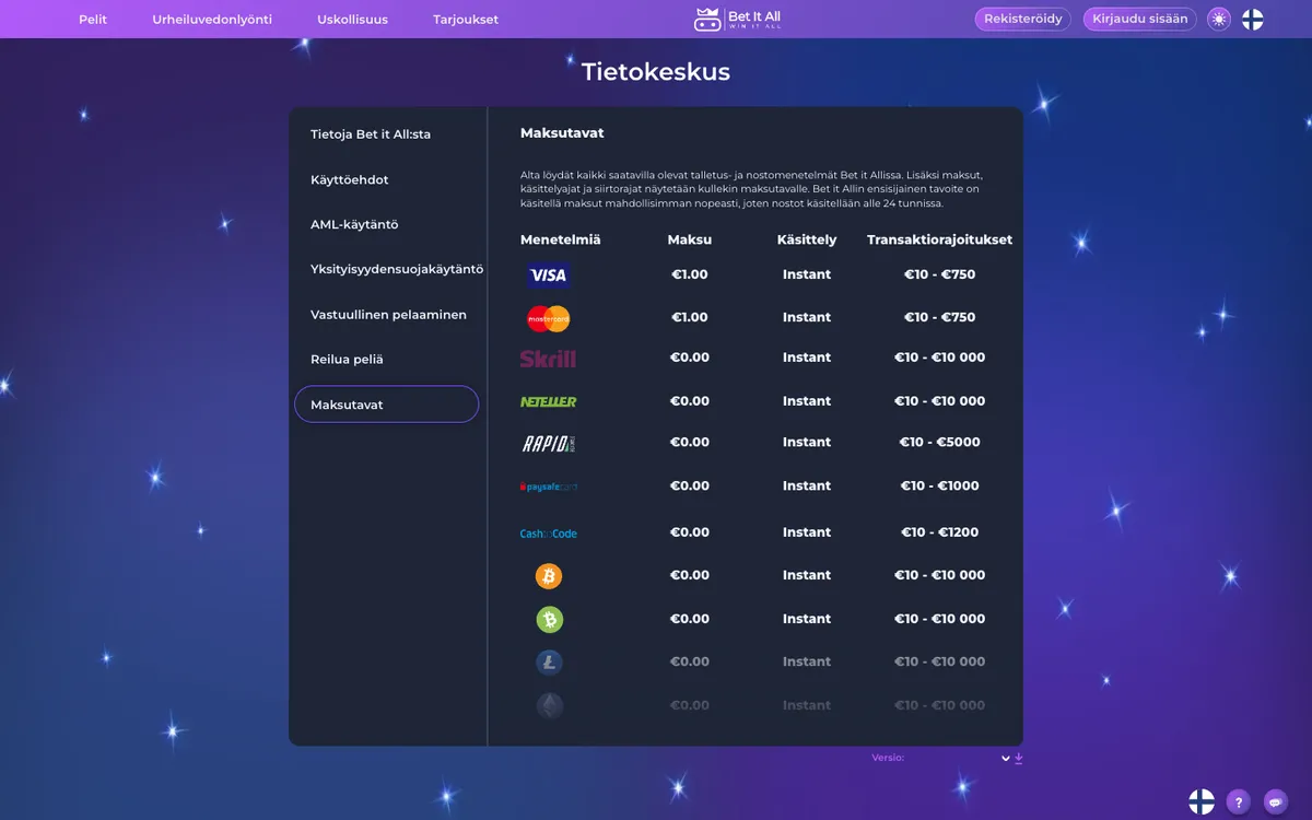 Bet It All Casino — Payments, captured from Finland