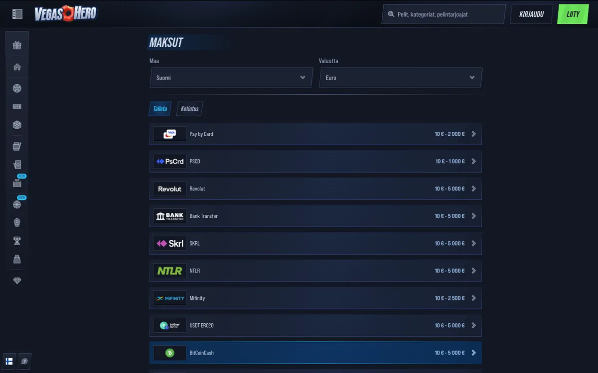 Vegas Hero Casino — Payments, captured from Finland