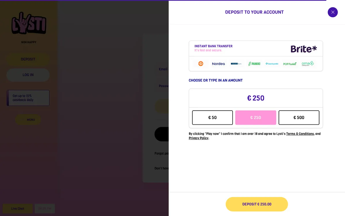 Lysti Casino — Sign-up, captured from Finland