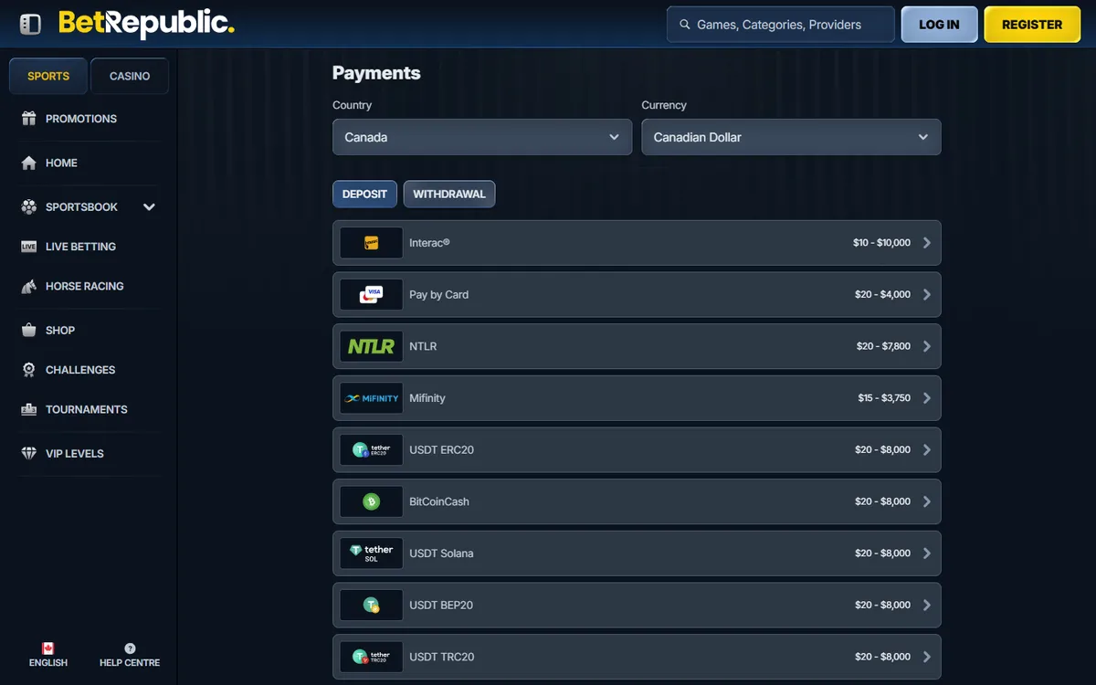 BetRepublic Casino — Payments, captured from Canada