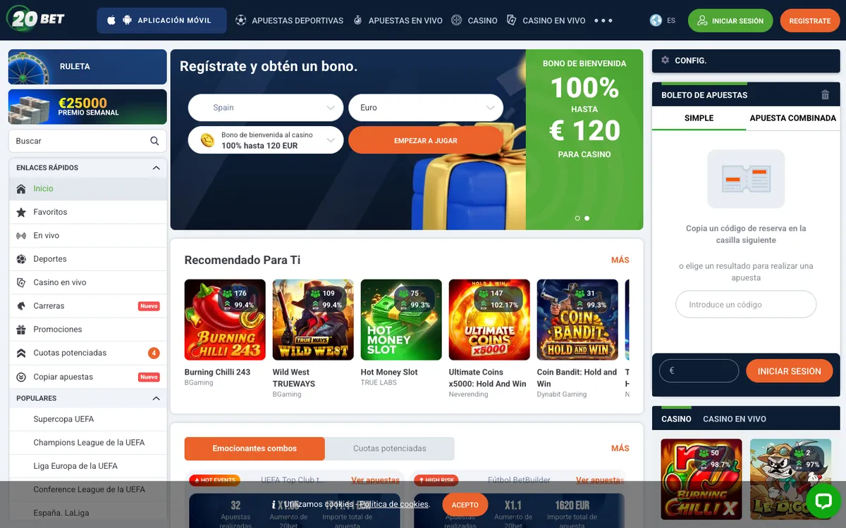 20bet Casino — Promotions, captured from Spain