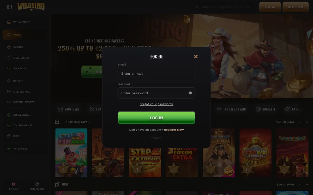 Wildsino Casino — Sign-up, captured from Japan