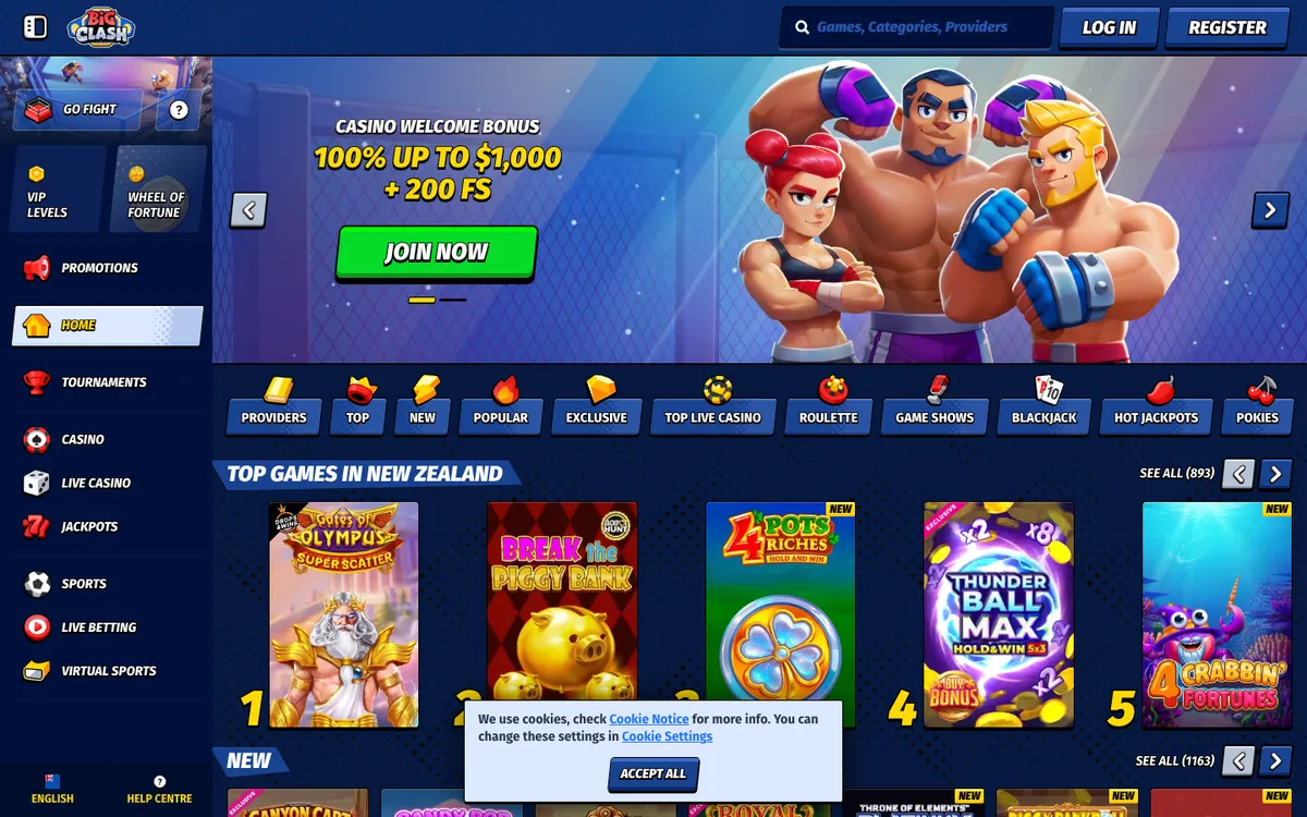 BigClash Casino — Home page, captured from New Zealand