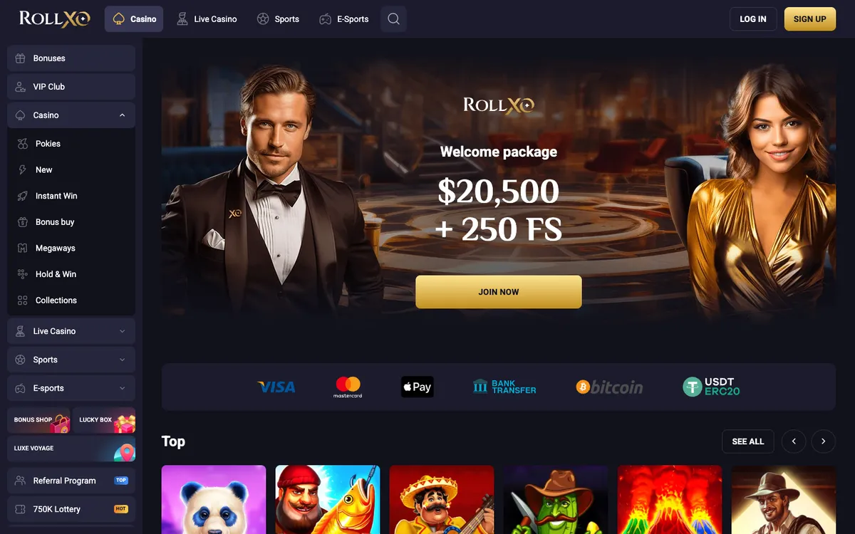 RollXO Casino — Home page, captured from Australia