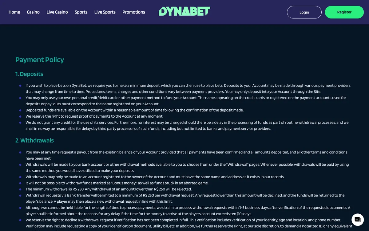 Dynabet Casino — Payments, captured from Belgium