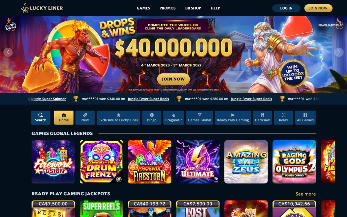 LuckyLiner Casino — Home page, captured from Canada