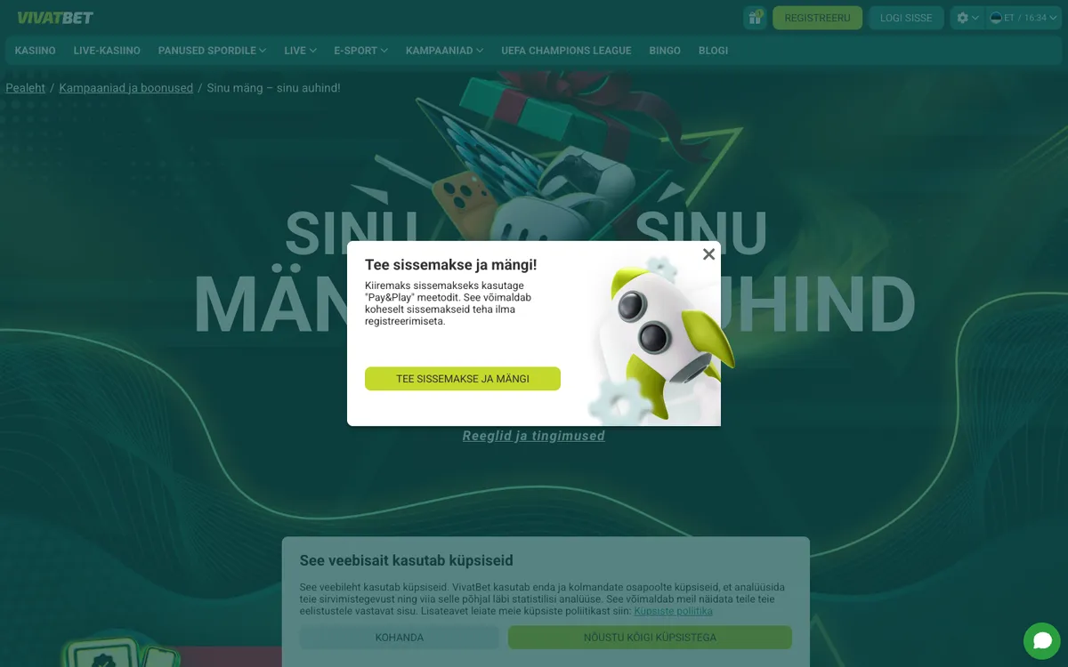 VivatBet Casino — Promotions, captured from Estonia