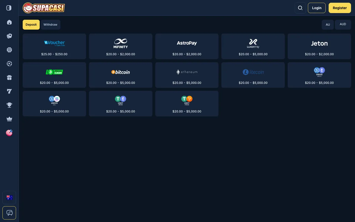 Supacasi.io Casino — Payments, captured from Australia