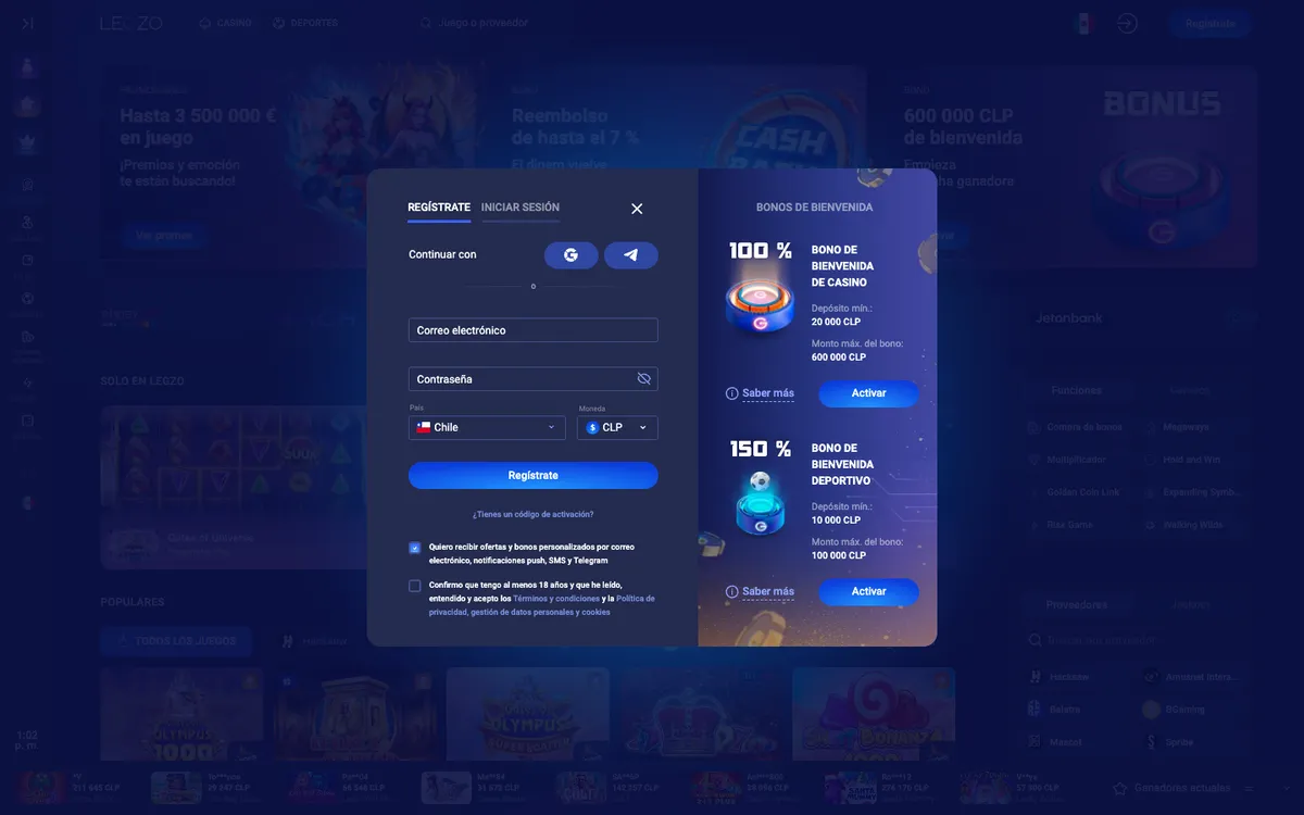 Legzo Casino — Home page, captured from Chile