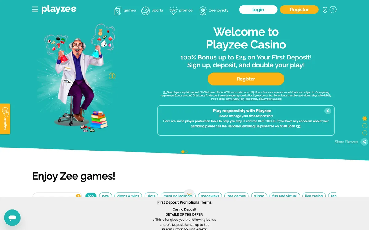 Playzee Casino — «Главная», снято из страны Великобритания
