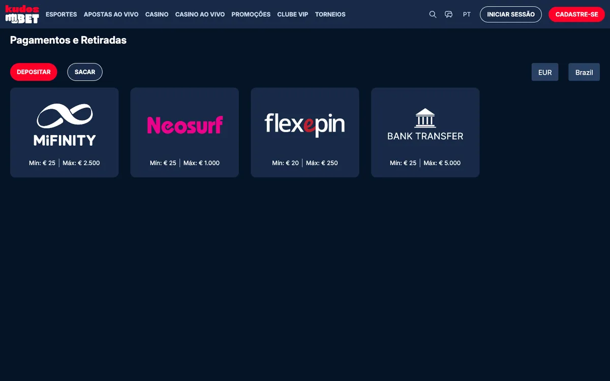 Kudosbet Casino — Payments, captured from Brazil