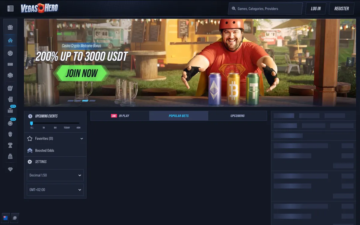 Vegas Hero Casino — Home page, captured from New Zealand