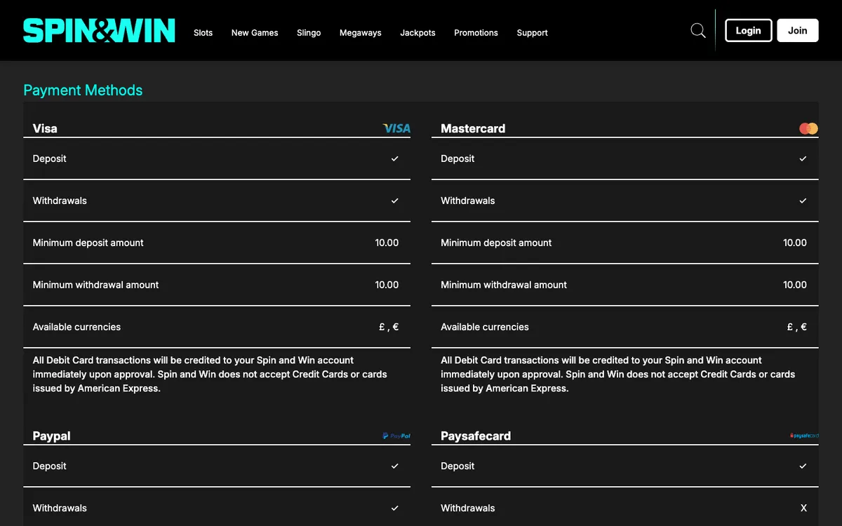 Spin and Win Casino — Payments, captured from United Kingdom
