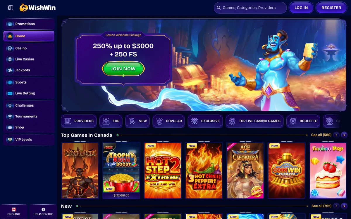 WishWin Casino — Home page, captured from Canada