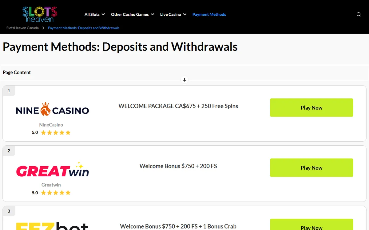 Slots Heaven Casino — Payments, captured from Canada