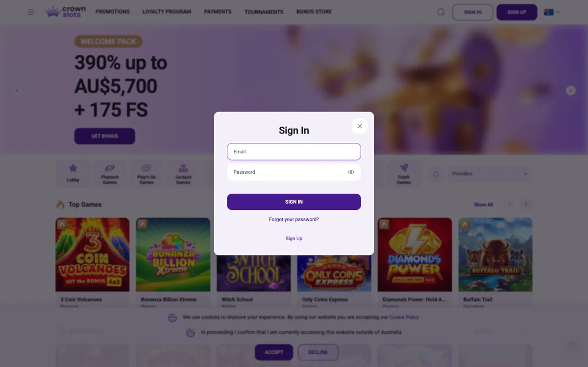 Crownslots Casino — «Регистрация», снято из страны Австралия