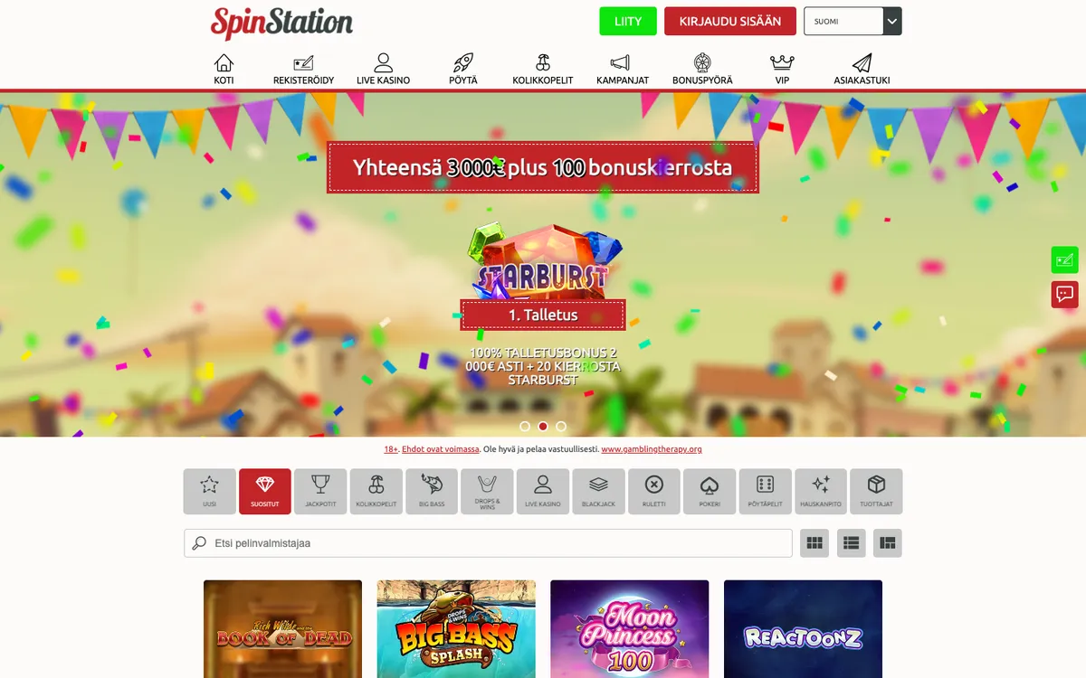 Spin Station Casino — Home page, captured from Finland