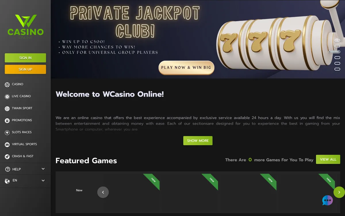 Wcasino Online — Home page, captured from Canada