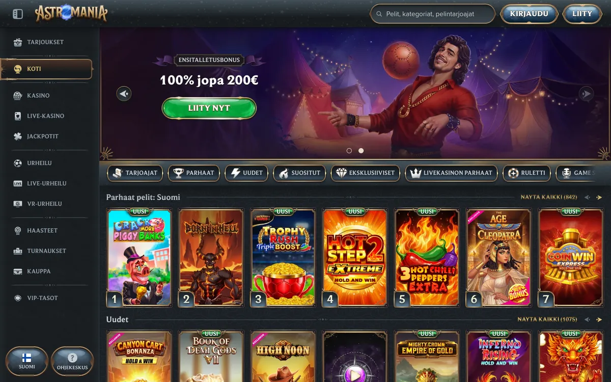 AstroMania Casino — Home page, captured from Finland