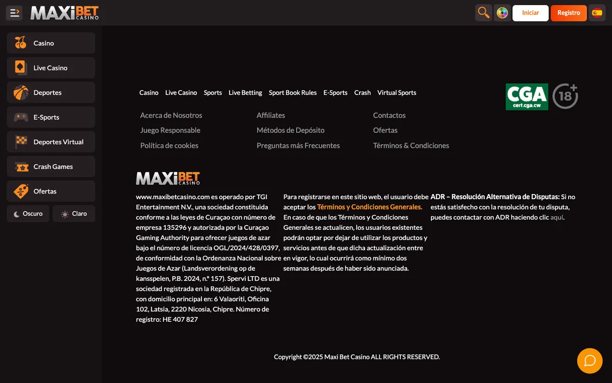 Maxibet Casino — Home page, captured from Spain