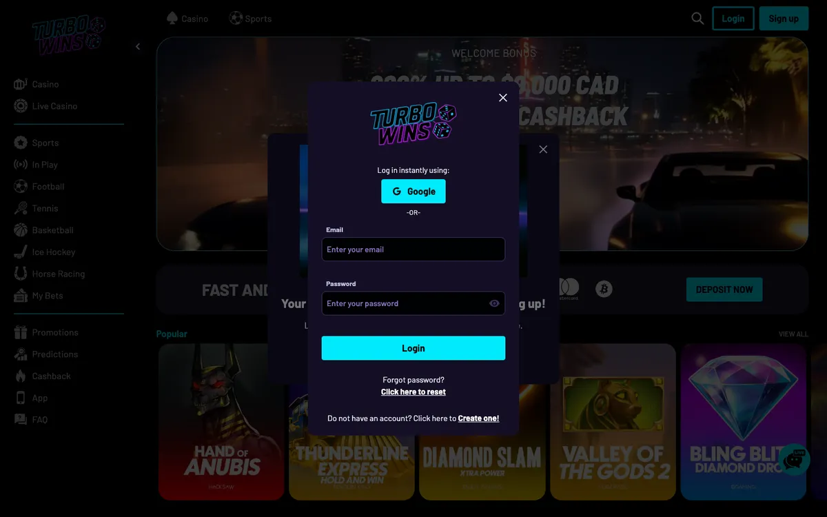 Turbo Wins Casino — Sign-up, captured from Canada
