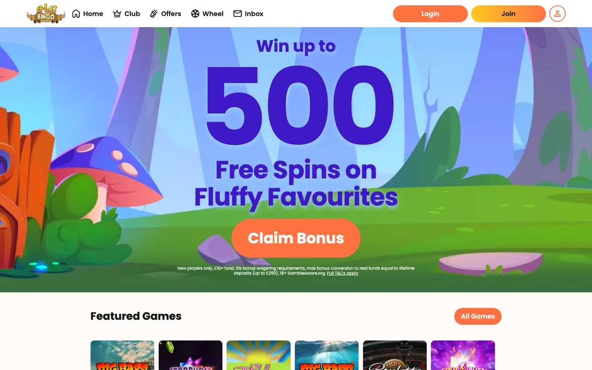 ElfBingo Casino — «Главная», снято из страны Великобритания