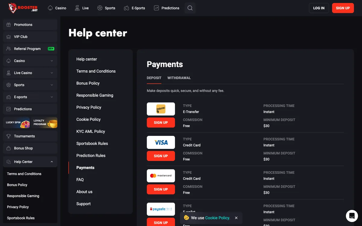 Rooster Bet Casino — Payments, captured from Canada