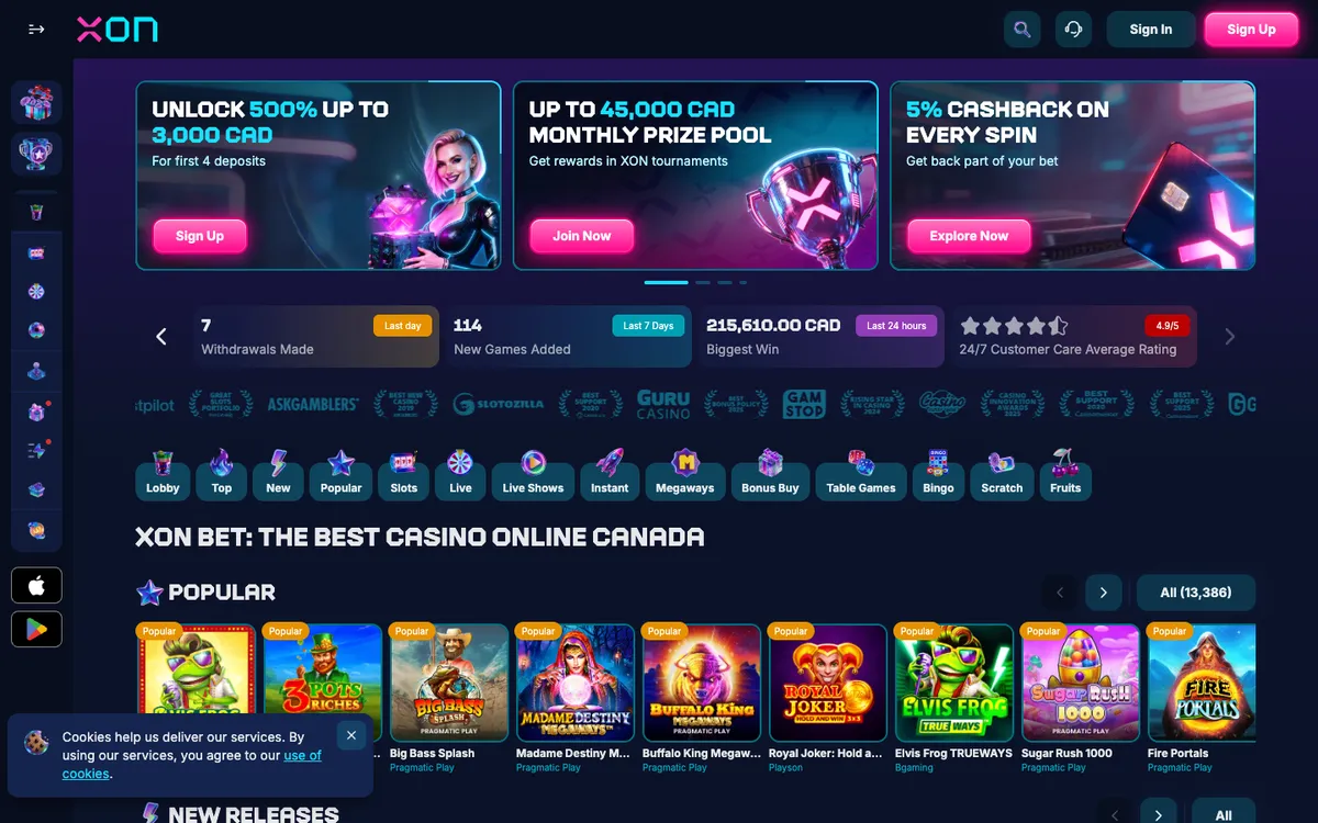 Xon Bet Casino — Home page, captured from Canada