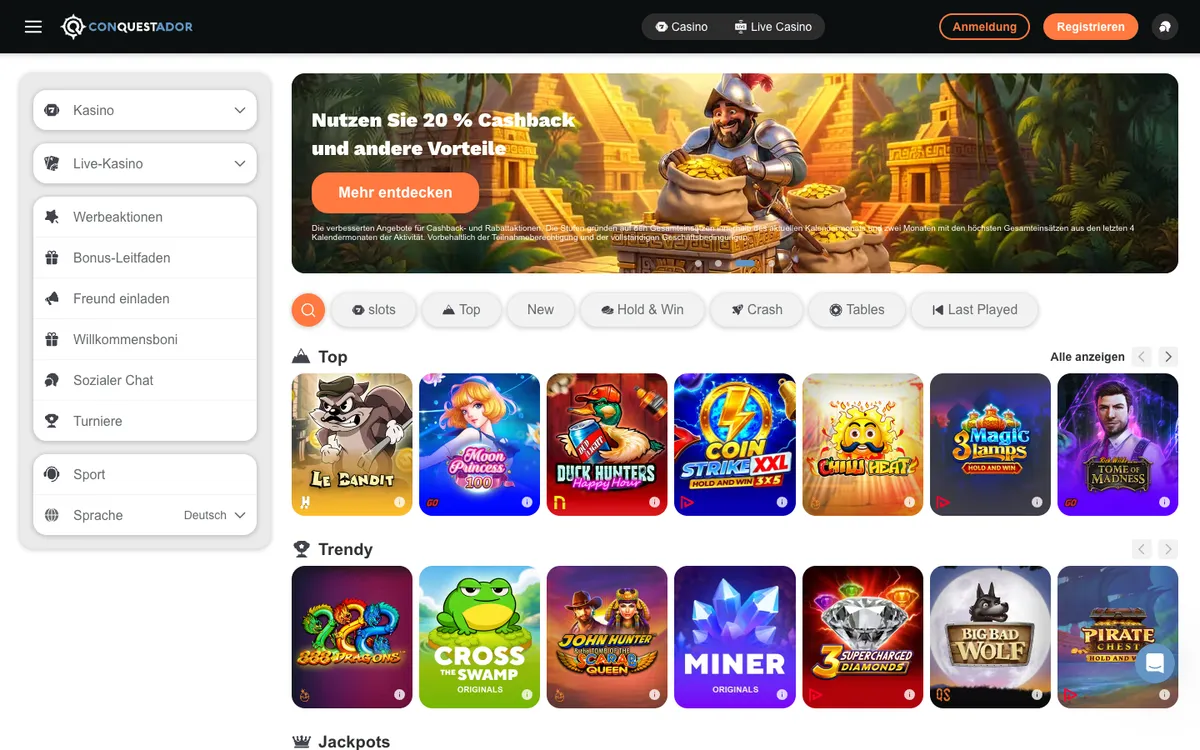 Conquestador Casino — Home page, captured from Austria