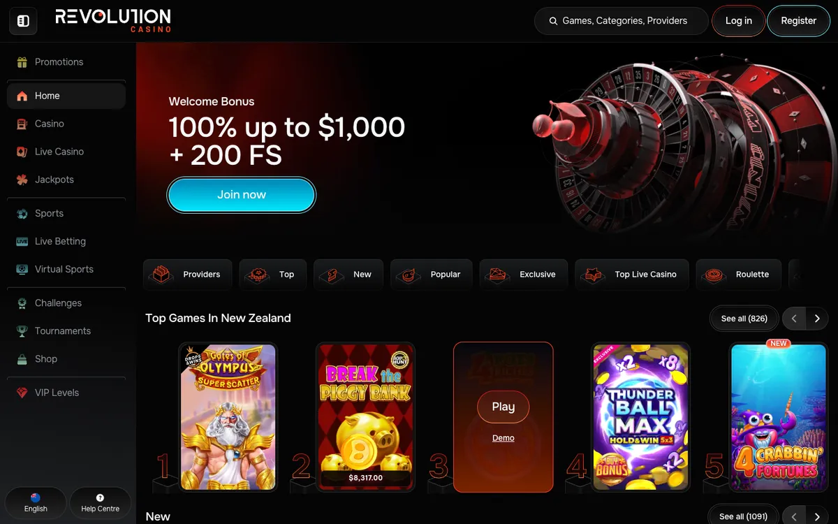 Revolution Casino — Home page, captured from New Zealand