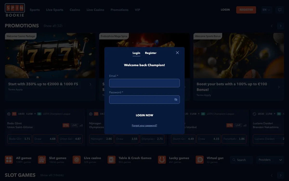 Spinbookie Casino — Sign-up, captured from Spain
