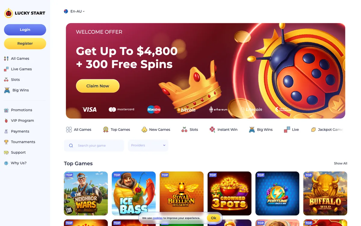 Luckystart Casino — «Главная», снято из страны Австралия