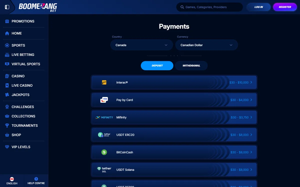 Boomerang-bet Casino — Payments, captured from Canada
