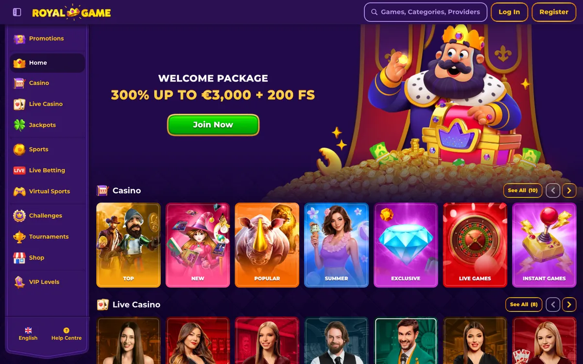RoyalGame Casino — Home page, captured from Nigeria