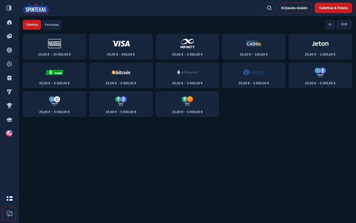 SpinTexas Casino — Payments, captured from Finland