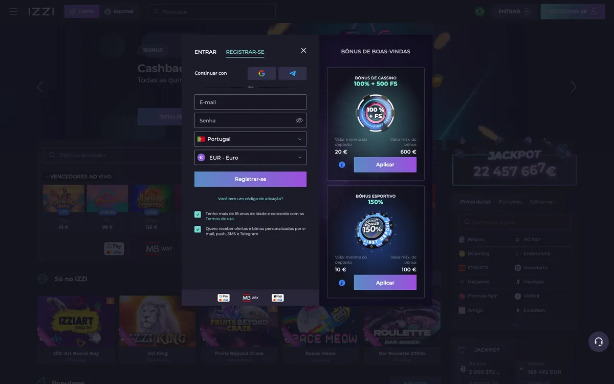 Izzi Casino — Home page, captured from Portugal