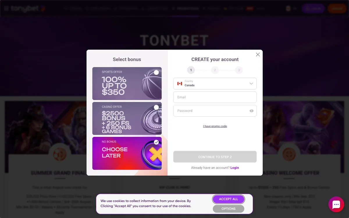 TonyBet Casino — Promotions, captured from Canada
