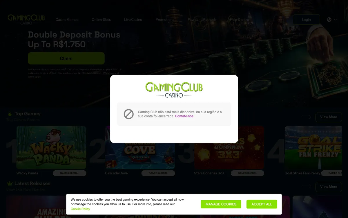 Gaming Club Casino — Home page, captured from Brazil